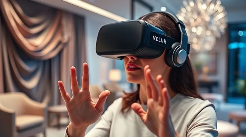 A photorealistic image of a person wearing a VR headset, immersed in a sophisticated virtual luxury showroom. The virtual environment displays elegant, shimmering fabrics and bespoke furniture. The user's hands are gesturing slightly, interacting with the virtual space, with soft, futuristic lighting. 8K, professional photography, sharp focus on the user and virtual display, depth of field.
