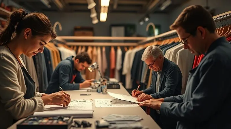 Photorealistic, professional photography, 8K, cinematic lighting, sharp focus on a bustling, organized film wardrobe department. Several costume designers and tailors are intensely focused on different tasks: one is rapidly hand-stitching a garment, another is sketching on a pattern, and a third is sifting through racks of fabric, all under the glow of work lamps. The atmosphere is one of focused urgency and creative problem-solving, depth of field blurring the background, shot on a high-end DSLR.