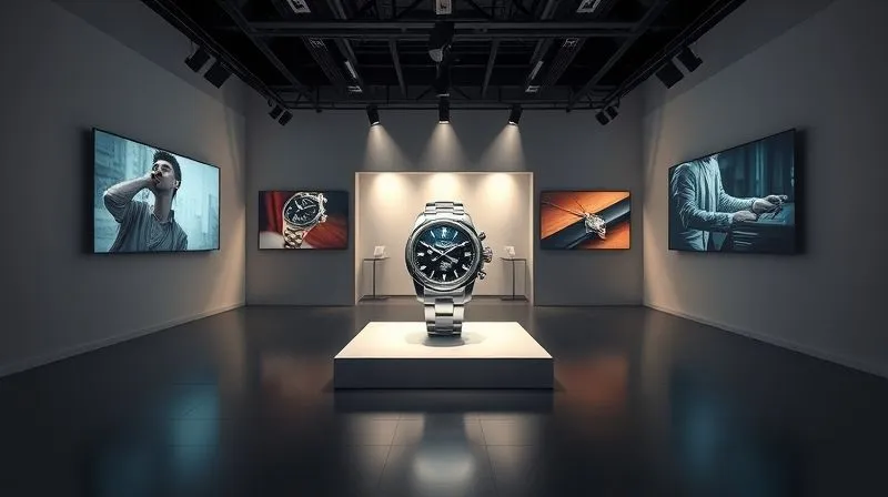 photorealistic, professional photography, 8K, cinematic lighting, sharp focus, depth of field, shot on a high-end DSLR. A dynamic, modern art installation in a minimalist gallery setting, showcasing a single luxury accessory (e.g., a watch or necklace) illuminated by spotlights, surrounded by interactive digital screens displaying its unique story and craftsmanship, embodying experiential marketing.