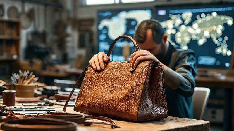A photorealistic image of a luxury brand's artisan meticulously working on a handbag made from an innovative, plant-based leather alternative. The workshop is bathed in natural light, showcasing intricate tools and the artisan's focused hands. In the background, a digital screen displays a transparent supply chain map with glowing nodes. Professional photography, 8K, cinematic lighting, sharp focus on the artisan's hands, depth of field blurring the background, shot on a high-end DSLR.