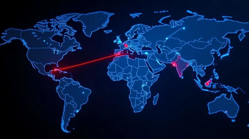 A photorealistic, highly detailed image of a complex global supply chain network overlaid on a world map, with glowing lines connecting various production hubs and logistics points. A single, critical path is highlighted in red, symbolizing a potential bottleneck, while alternative paths branch out in blue. Cinematic lighting, 8K hyper-detailed, professional photography, depth of field.