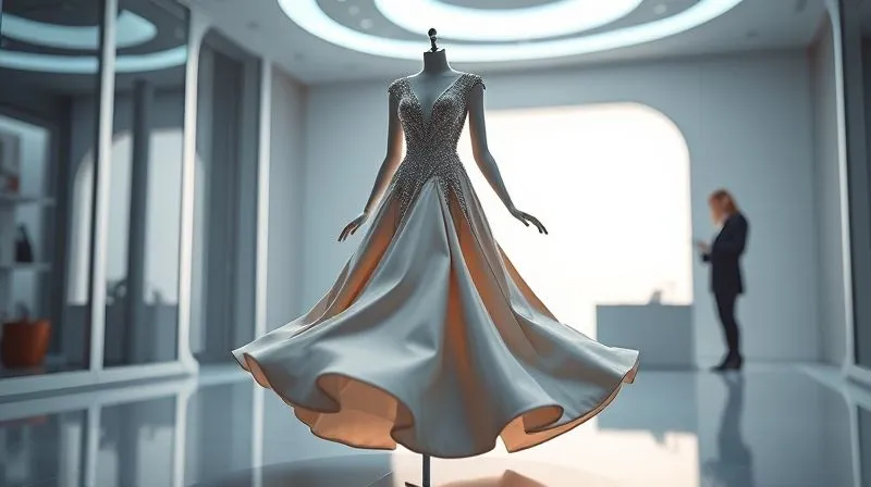 A photorealistic 3D render of a luxurious, intricately designed evening gown rotating gracefully in a futuristic, minimalist virtual showroom. The gown's fabric textures and embellishments are hyper-detailed, with soft, cinematic lighting highlighting its silhouette. In the background, a blurred figure of a designer looks at a tablet, showcasing the digital design process. 8K, professional photography, depth of field.