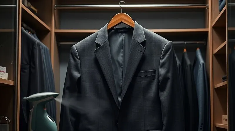 A photorealistic image of a well-maintained dark grey tailored suit hanging neatly on a wide wooden hanger inside a spacious, organized closet, with soft, diffused light highlighting the fabric's texture. In the foreground, a small, elegant garment steamer releases a gentle mist. Professional photography, 8K, sharp focus, depth of field, shot on a high-end DSLR.