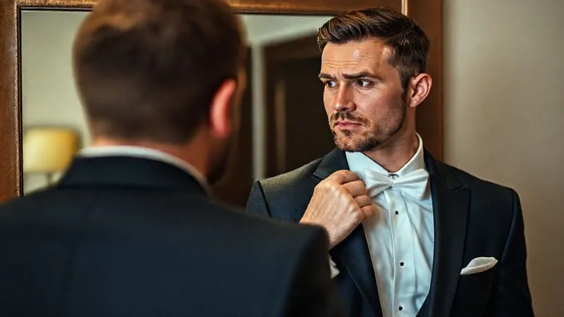 A groom looking critically at himself in a mirror, trying on a suit jacket that clearly doesn't fit well, slight concern on his face. Professional photography, 8K, cinematic lighting, sharp focus on the groom and suit, depth of field, shot on a high-end DSLR.