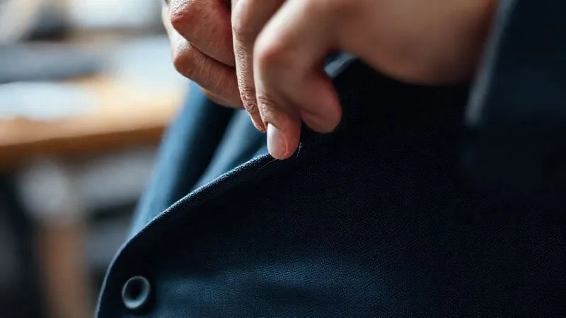 A close-up of a tailor's hands meticulously letting out a seam on a suit jacket, needle and thread visible, focused and precise work. Professional photography, 8K, cinematic lighting, sharp focus on the hands and fabric, depth of field, shot on a high-end DSLR.