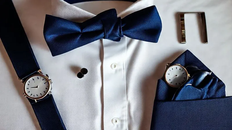 A beautifully arranged flat lay of groom's accessories: a perfectly tied bow tie, elegant cufflinks, a crisp pocket square, and a stylish watch, all in classic wedding colors. Professional photography, 8K, cinematic lighting, sharp focus, depth of field, shot on a high-end DSLR.