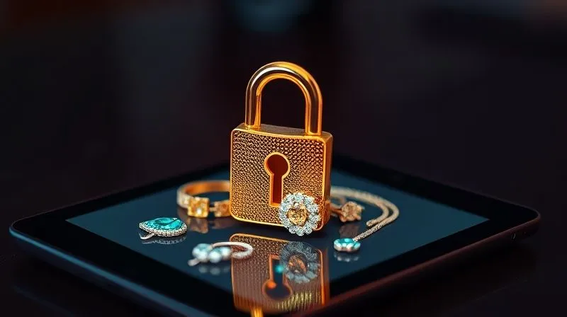 A photorealistic, professional photography, 8K image of a digital padlock icon superimposed over a stylized representation of unique jewelry designs on a tablet screen. Cinematic lighting, sharp focus on the padlock and jewelry, depth of field blurring the background, shot on a high-end DSLR, symbolizing digital protection against copying.
