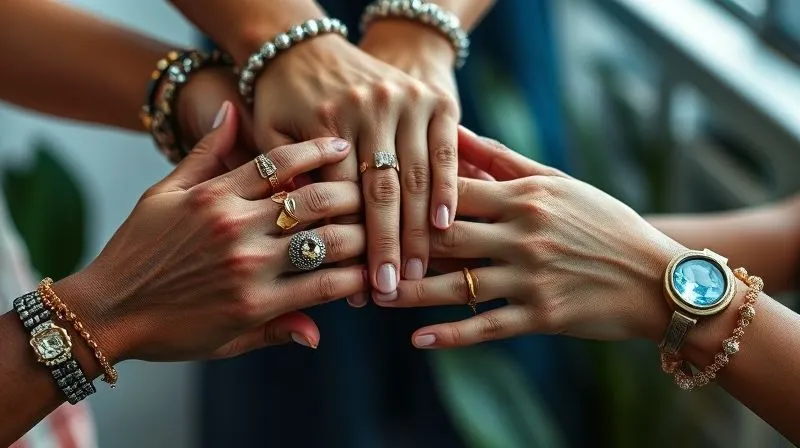 A photorealistic, professional photography, 8K image of diverse hands, each adorned with unique, handcrafted jewelry, gently coming together in a gesture of collaboration and support. Cinematic lighting, sharp focus on the jewelry and hands, depth of field blurring the background, shot on a high-end DSLR, symbolizing community, advocacy, and collective strength in the jewelry design industry.
