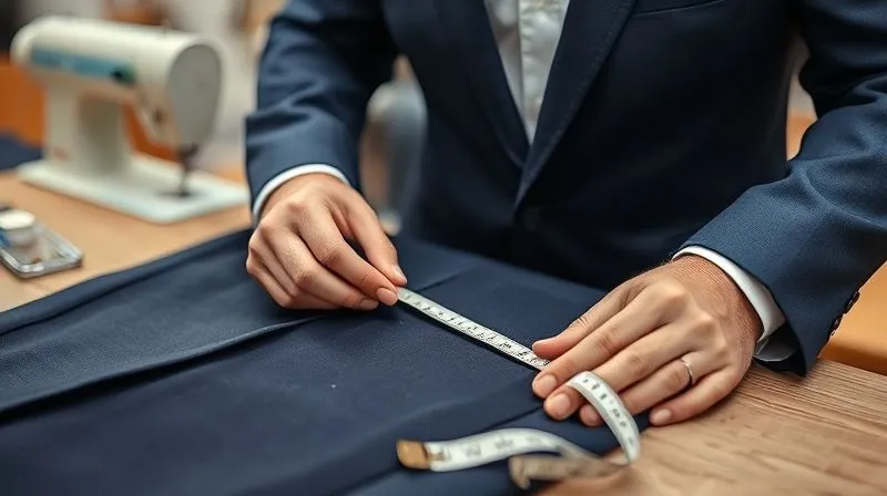 A tailor's hands meticulously pinning a seam on a professional navy blue blazer, with measuring tape and thimble visible on the workbench, sharp focus on the needle and fabric, soft workshop lighting, depth of field blurring the background sewing machine, 8K hyper-detailed, shot on a high-end DSLR.
