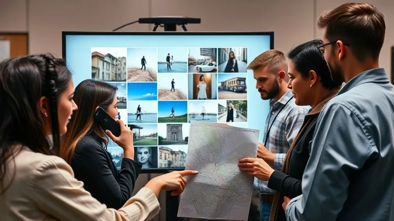 photorealistic, professional photography, 8K, cinematic lighting, sharp focus, depth of field, shot on a high-end DSLR, a diverse team of fashion production crew members huddled around a large monitor, looking at various alternative location photos, one person is on the phone, another is pointing to a map, a sense of urgent collaboration and problem-solving, with a focused yet determined atmosphere.