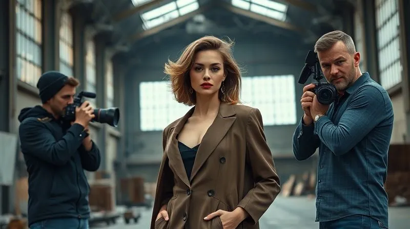 photorealistic, professional photography, 8K, cinematic lighting, sharp focus, depth of field, shot on a high-end DSLR, a fashion model posing confidently in an industrial, urban setting, perhaps an old factory or warehouse, with dramatic natural light streaming through large windows, a photographer is directing the shot with a determined expression, showcasing the successful adaptation to an unexpected location.
