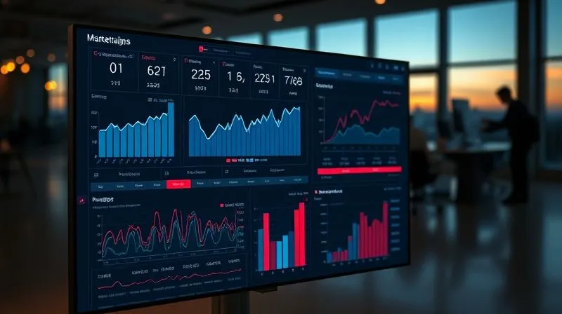 A photorealistic, professional photography, 8K, cinematic lighting, sharp focus, depth of field, shot on a high-end DSLR. A detailed digital dashboard displaying various marketing analytics charts and graphs, including sales funnels, traffic sources, social media engagement, and ad performance, with some metrics highlighted in red to indicate underperformance, against a backdrop of a modern, minimalist office space at dusk.