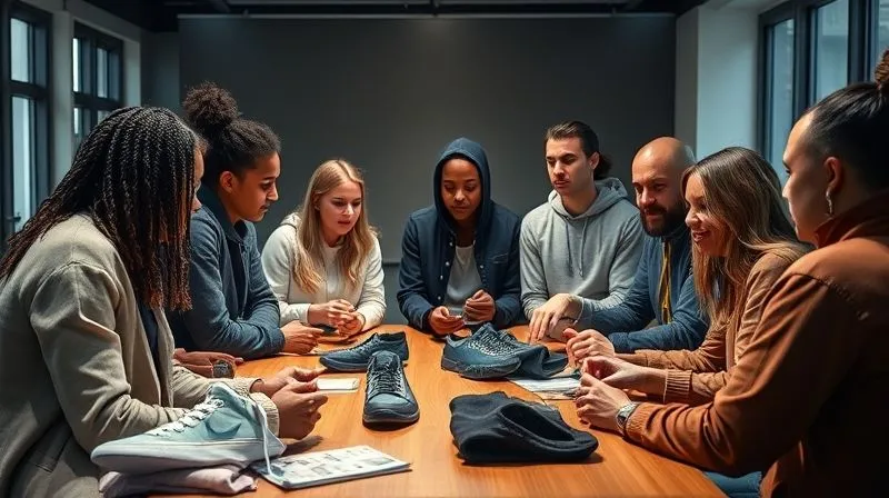 A photorealistic, professional photography, 8K, cinematic lighting, sharp focus, depth of field, shot on a high-end DSLR. A diverse group of young, fashion-conscious individuals gathered around a table in a modern, well-lit studio, actively engaged in a focus group discussion. They are holding and examining streetwear garments and offering opinions, with a moderator subtly guiding the conversation. The atmosphere is collaborative and thoughtful, showing genuine feedback being exchanged.