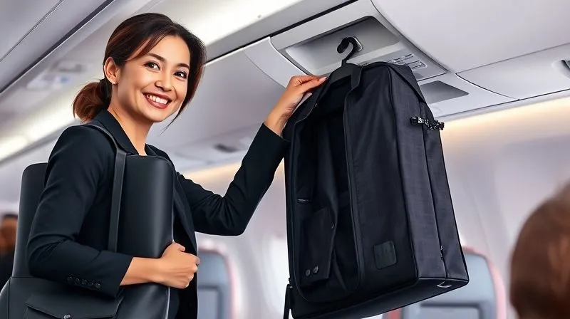 A professional female traveler in a chic business suit, smiling confidently, pulling a sleek, dark convertible garment bag with a suit inside from an overhead airplane compartment. The bag looks modern and functional, photorealistic, professional photography, 8K, cinematic lighting, sharp focus, depth of field, shot on a high-end DSLR.