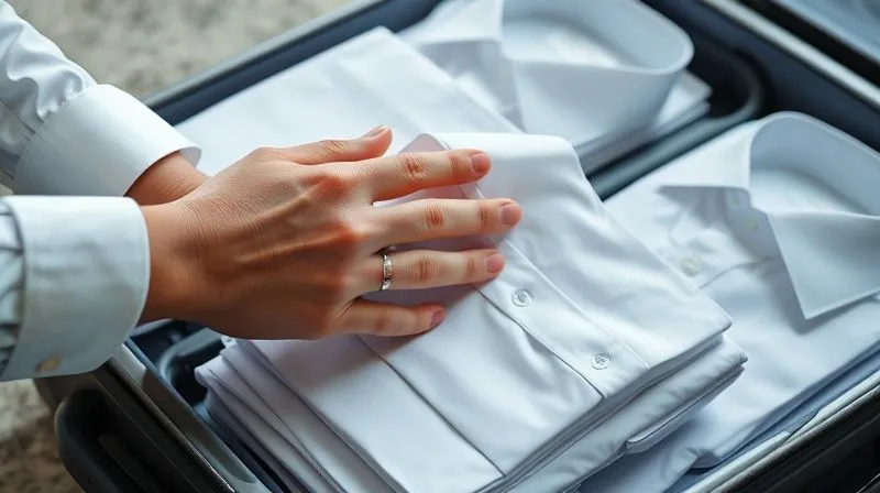 A close-up, photorealistic shot of hands expertly folding a crisp white dress shirt using a travel shirt folding board, with other neatly folded shirts visible in the background inside an open suitcase, professional photography, 8K, cinematic lighting, sharp focus, depth of field, shot on a high-end DSLR.