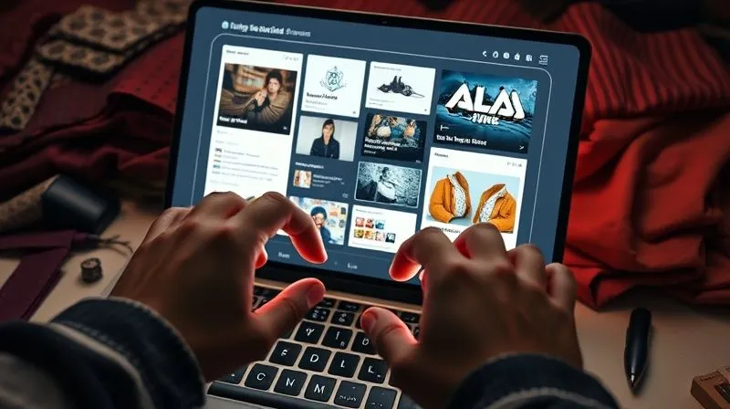A photorealistic image of a glowing digital interface displaying various online forums and marketplaces, with hands hovering over a keyboard, surrounded by swatches of unique fabrics and small, intriguing costume components, cinematic lighting, sharp focus on the screen and hands, depth of field, 8K, shot on a high-end DSLR.