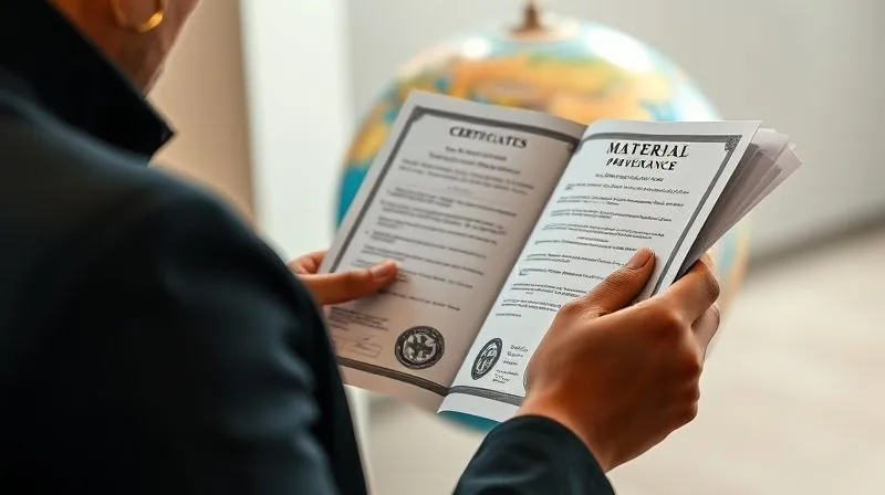 A photorealistic image of a costume designer carefully reading official-looking documents and certificates related to material provenance and ethical sourcing, with a globe subtly visible in the background, cinematic lighting, sharp focus on the documents, depth of field, 8K, shot on a high-end DSLR.