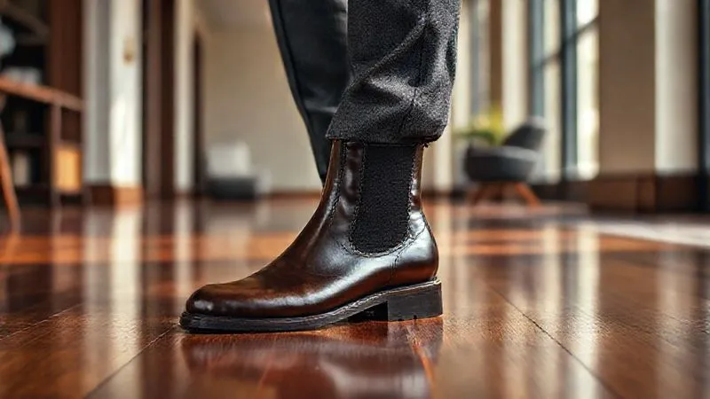 A photorealistic image of a highly polished, dark brown leather Chelsea boot, perfectly paired with tailored charcoal grey wool trousers, standing on a rich mahogany floor in a modern, sunlit office. The lighting is cinematic, sharp focus on the boot, depth of field blurring the background subtly, 8K hyper-detailed.