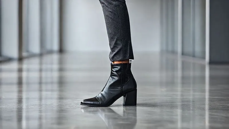 A photorealistic image of a sleek, black leather women's ankle boot with a refined block heel, standing on a polished concrete floor in a minimalist, modern office. The boot is perfectly paired with tailored dark grey trousers. Cinematic lighting, sharp focus on the boot, depth of field subtly blurring the background, 8K hyper-detailed.
