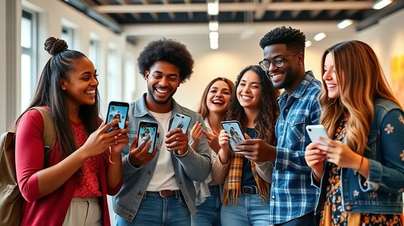 A group of diverse young people happily interacting with AR try-on features on their phones, sharing virtual outfits and laughing, in a bright, modern setting. They are holding up their phones, showing realistic virtual clothes overlaid on their bodies, and pointing to each other's screens. Photorealistic, professional photography, 8K, cinematic lighting, sharp focus, depth of field, shot on a high-end DSLR.