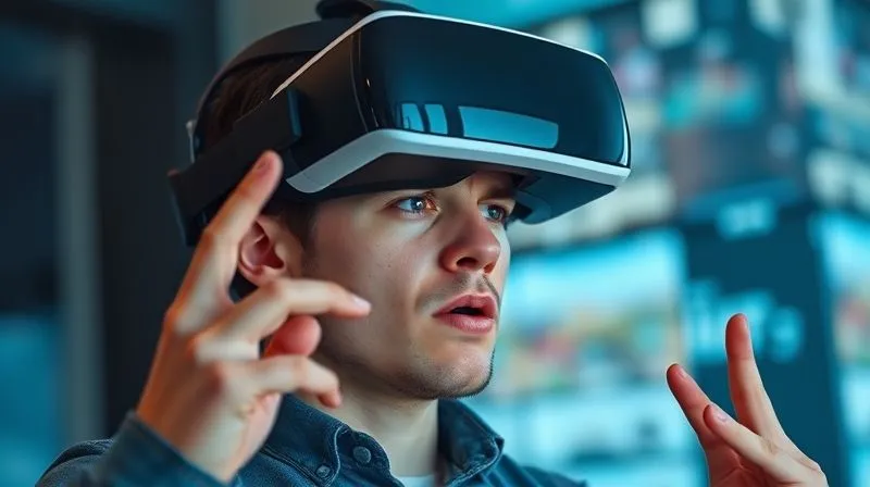 A photorealistic image of a person wearing a sleek VR headset, their expression one of frustration and confusion, hands gesturing in a way that suggests difficulty with controls. The virtual environment around them is slightly distorted or pixelated, hinting at technical issues. Cinematic lighting, sharp focus on the person's face, depth of field blurring the background. 8K hyper-detailed, professional photography, shot on a high-end DSLR.