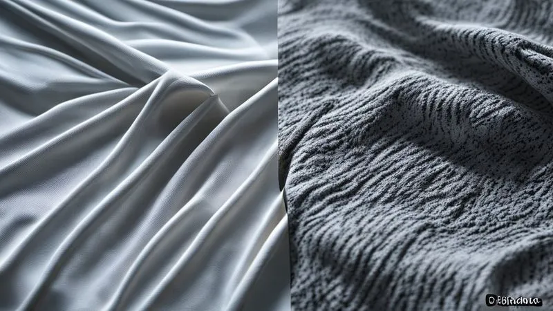 A highly detailed, photorealistic microscopic view of two activewear fabric swatches side-by-side. One swatch shows clean, open, structured fibers with visible micro-channels, representing 'fresh' fabric. The second swatch, next to it, shows fibers that are slightly matted, with subtle residue clogging the channels, representing 'degraded' fabric. Cinematic lighting, sharp focus on the fiber structure, depth of field, 8K hyper-detailed.